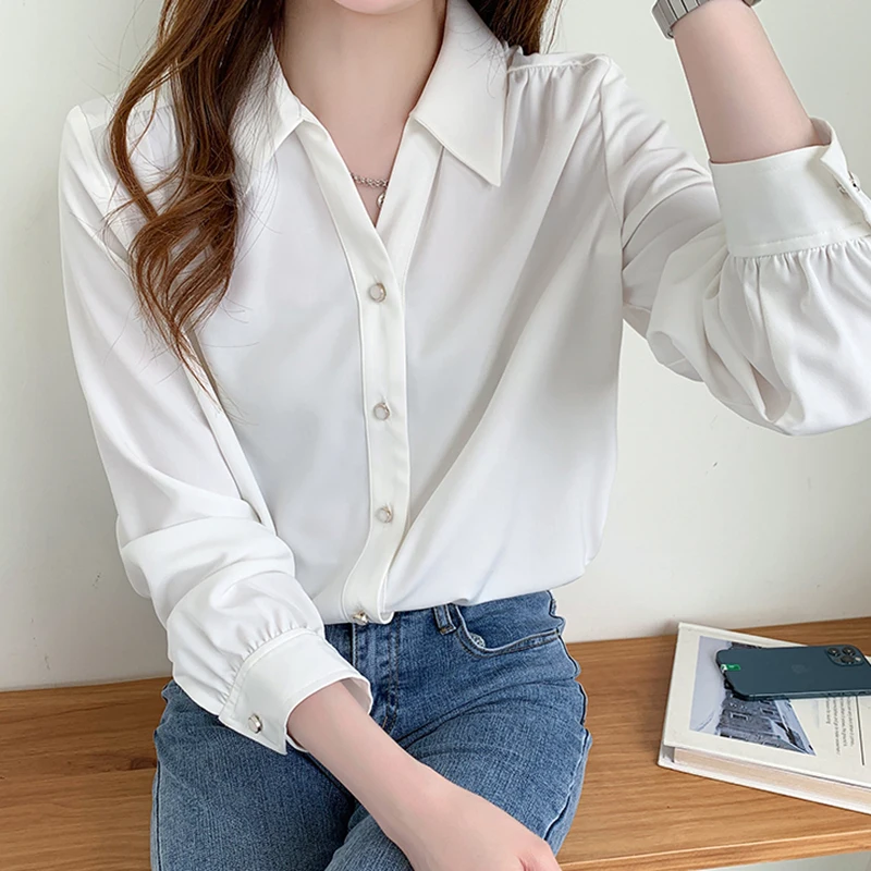 Button Silk Blouse Office Lady Shirt Women Long Sleeve 2022 Autumn Ladies Tops Chiffon Fashion Elegant Womens Blouses Clothing