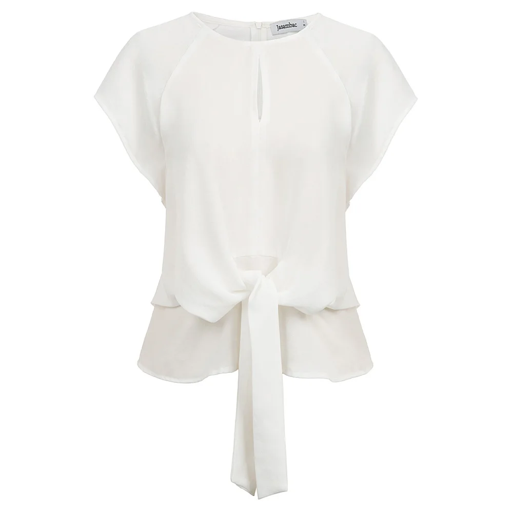 Jasambac 2020 Fashion Tops Women's Summer Short Raglan Sleeve Ladies Scoop Round Neck Tie Details Tops Solid Color High Quality