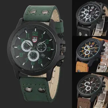 

reloj Masculino Vintage Clásico Men's Waterproof Date Leather Strap Sport Quartz Army Watch con correa de cuero часы мужские