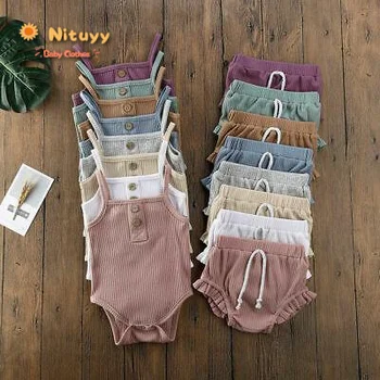 

2PCS Newborn Baby Girl Boy Clothes Set Cotton Solid Sleeveless Camisole Sleeveless Bodysuit + Shorts Ruffle Outfits