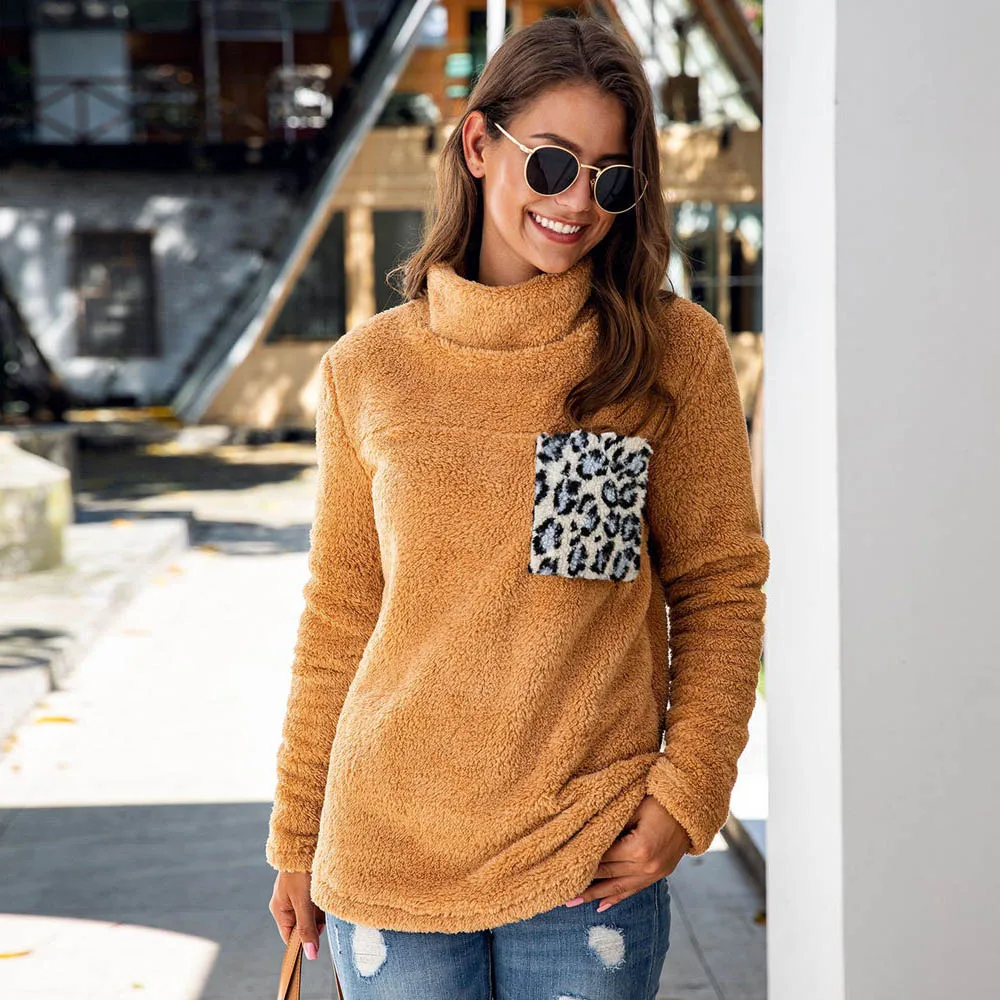 

Women Turtleneck Teddy Fleece Sweater Leopard Patch Fluffy Sherpa Pullover Winter Fall Warm Tops Ladies Sexy Teddy Sweaters