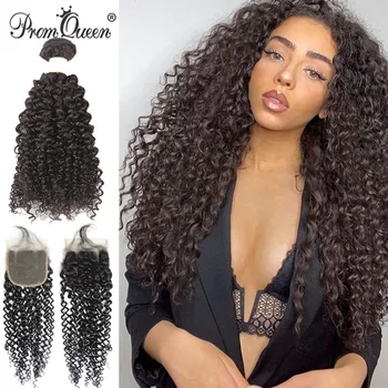 

Promqueen Kinky curly hair bundles with 4x4 lace closure brazilian human hair weave remy hair extensions