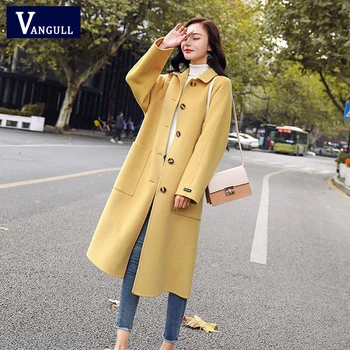 

Vangull Women Wool Coats Single Breasted Solid Long Wool Blend Jacket Women Elegant Loose Autumn Winter Casual Warm Outwears