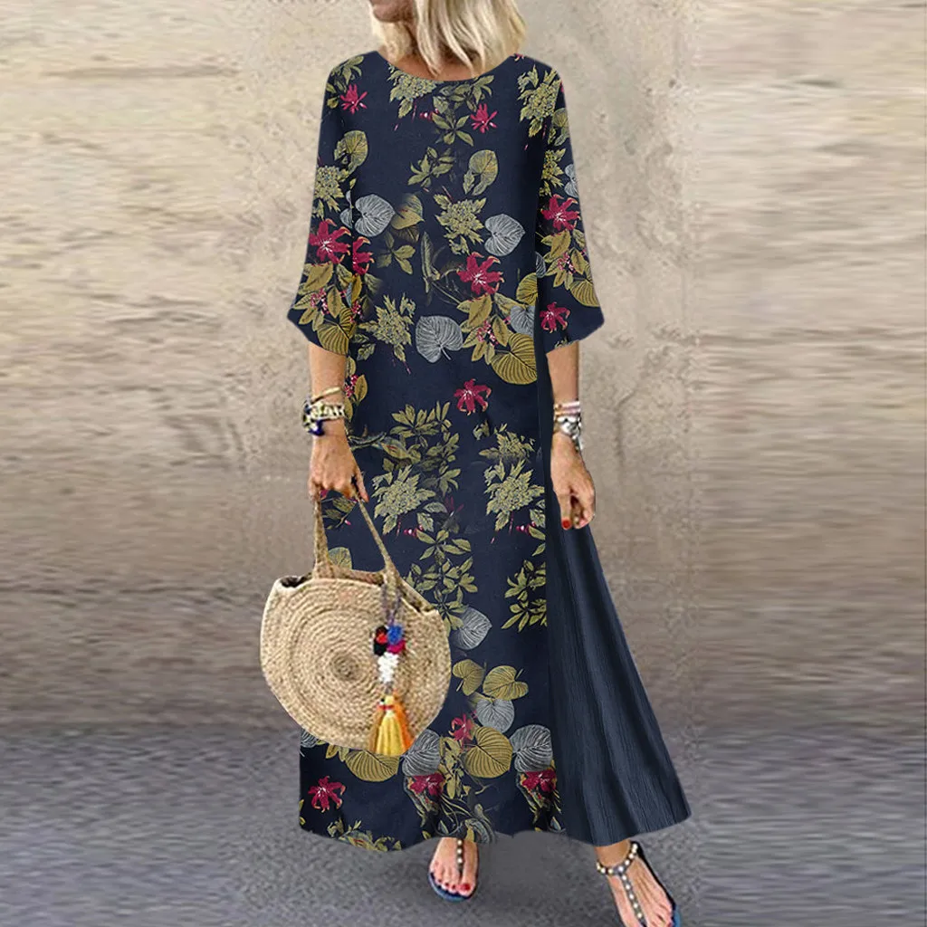

feitong Women dress Vintage Print Floral Patch Dress 3/4 Sleeve O-Neck Loose Maxi Dress robe soiree femmerobe ceremonie femme