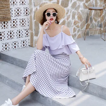 

Chiffon Shirt + Skirt Set Summer 2020 New Style Two-Piece Women's Short Camisole Beauty Back Tops + Plaid Skirt Outfit