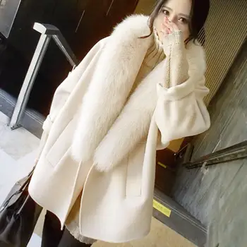 

Loose Wool Coats Fur Collar Warm Woolen Coat Woman Casual Jacket Coat