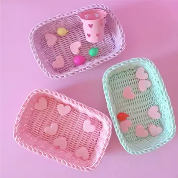 

Woven Storage Basket Fake Ratten Bread Tray Serving For Food Cosmetic Basket Popular Macaron Color Fairy Room Decoration HOT