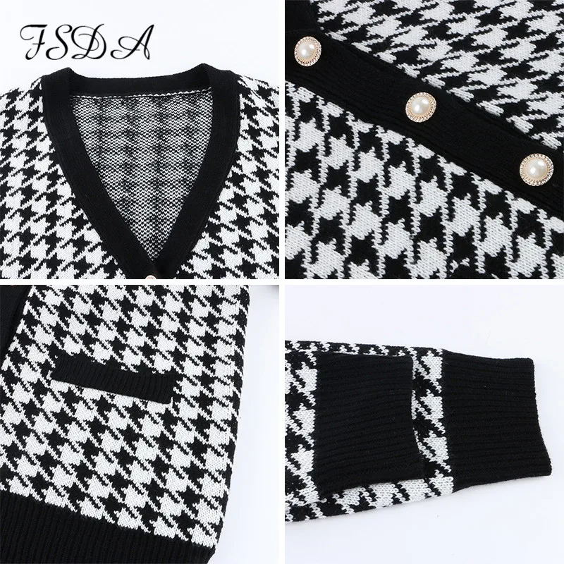 FSDA V Neck Women Button Black Houndstooth Cardigan 2020 Long Sleeve Sweater Autumn Winter Knitted Loose Oversized Jumper Casual