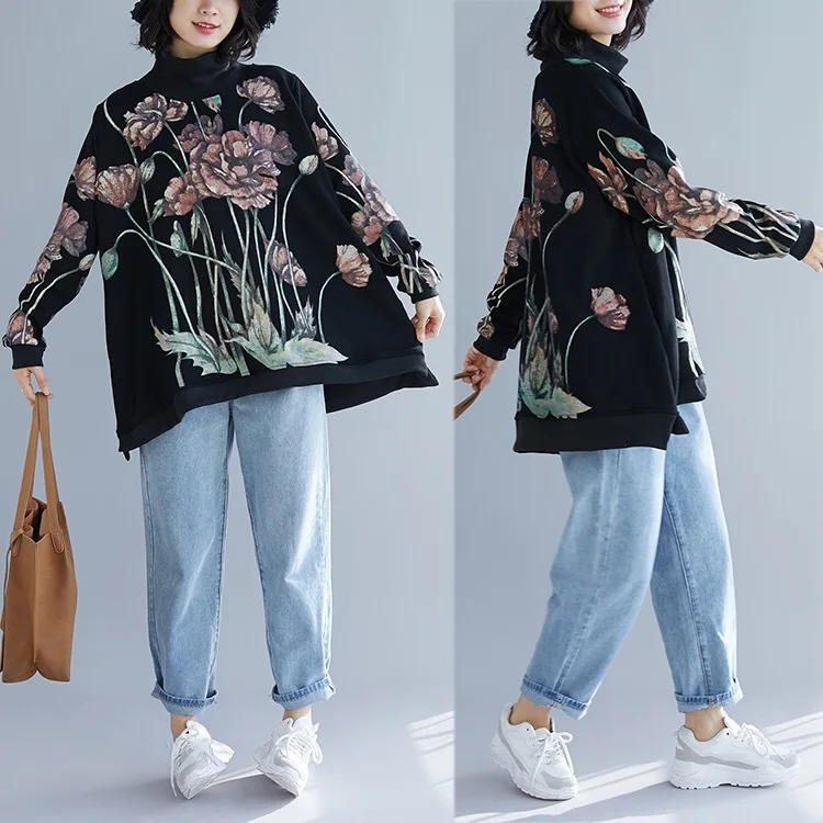 

2018 Winter New Style Mirco Velvet Printed Large Size Hoodie Women's