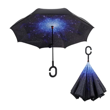 

C Handle Reverse Umbrella Windproof Folding Double Layer Anti UV Umbrella Man Women Sun Rain Car Inverted Umbrellas Self Stand