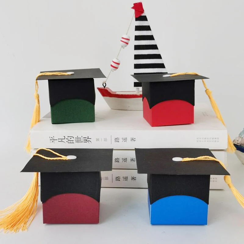

50pcs Doctor Hat Cap Candy Box With Ribbon Graduation Celebration Party Decoration Candy Favor Boxes Graduation Gift Packing Box