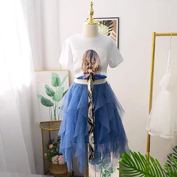 

Summer girls 2 pcs set baby t shirt + tutu skirt kids suit children clothes patch layered mesh adjustable headband 4 to 14 yrs