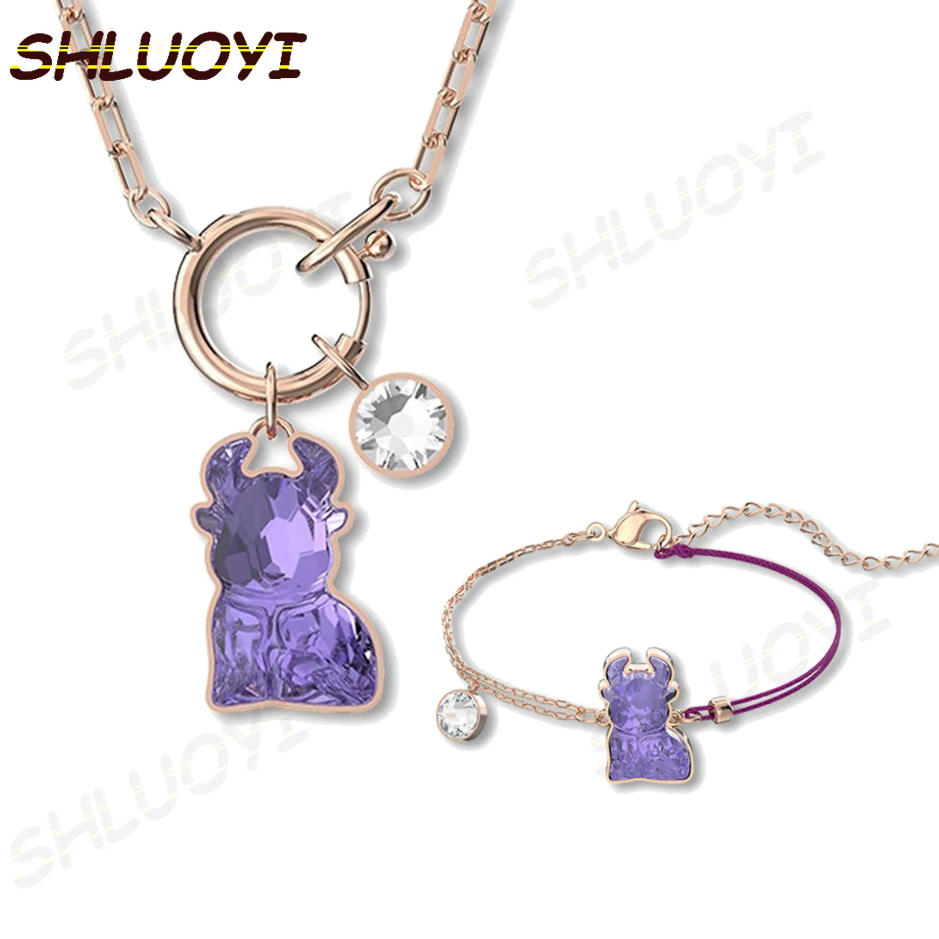 2021 NEW SWA Fashion Jewelry High Quality Charming Purple Crystal Zodiac Ox Year Female Necklace Romantic New Gift | Украшения и