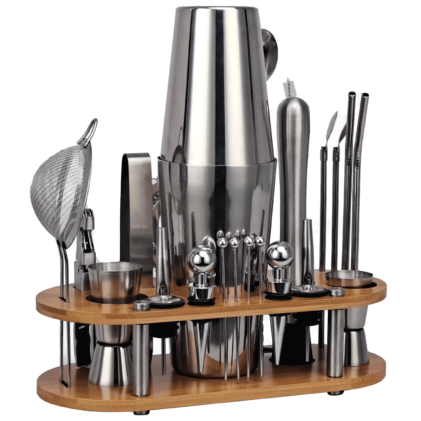 Cocktail Shaker 23-Piece Cocktail Shaker Set Bartender Kit with Oval Bamboo Stand Detachable Home Bar Tools Stainless Steel