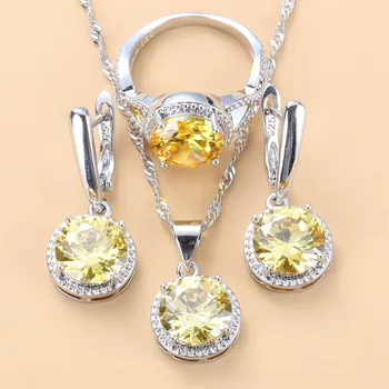 

Charm 925 Silver Jewelry Sets For Women Fashion Costume Yellow Zircon Round Dangle Earrings Necklace And Ring 10-Colors Sets