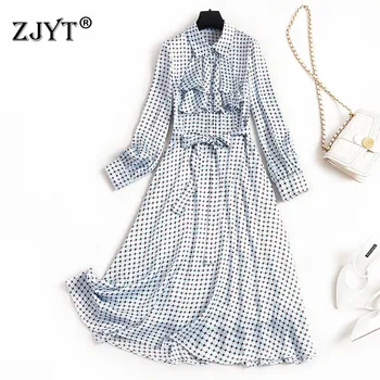 

2020 Spring Dress for Women Europe Fashion Designer Long Sleeve Lace Up Geometric Print Aline Casual Dress Female Vestidos