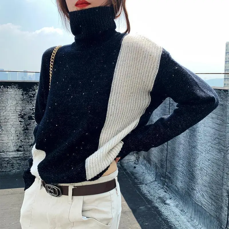 

Sweaters Women's Plus Size Knit 2020 Winter Knitted Woollen Color Splicing Warm Turtleneck Jumper Lazy Jerseys Sweater Woman