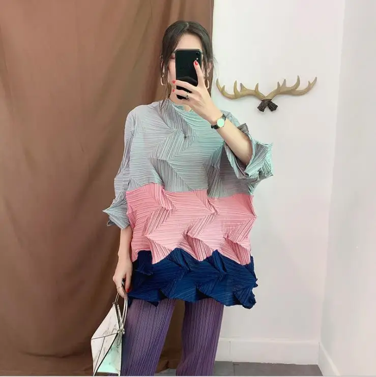 Розовый Miyake плиссированная рубашка со стразами Осенняя новая стильная плиссированная футболка плиссированная тонкая Плюс Размер - Цвет: Розовый