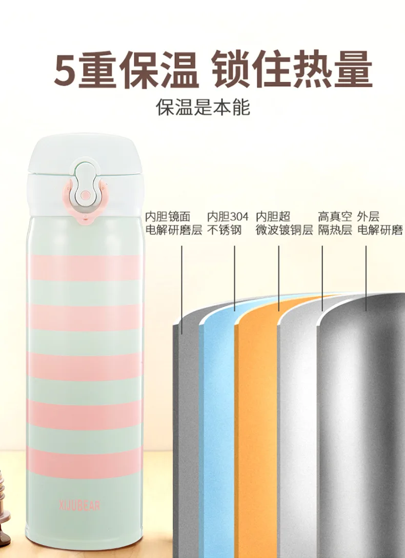 350/500ml Thermos Stainless Steel Thermal Mug Striped Bounce Cup Water Vacuum Cup School Home Tea Bottle