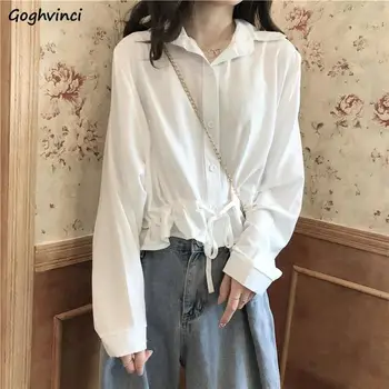 Crop Tops sólidos para mujer, camisas con botones de lazo, diseño plisado que combina con todo, estilo de moda suave, ropa Retro, blusas coreanas elegantes simples 1
