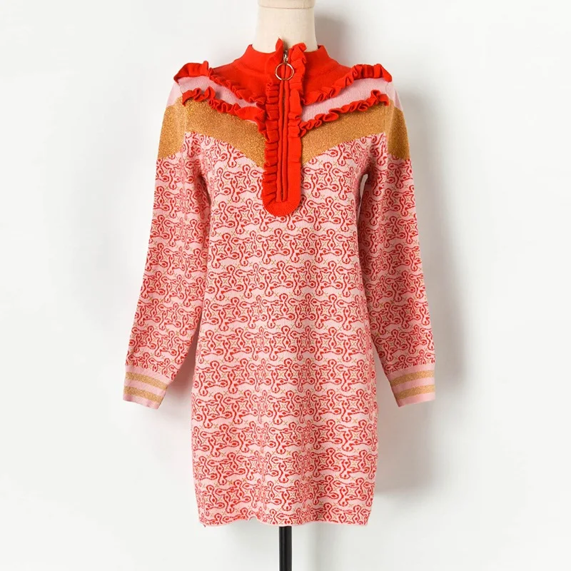 

Women Windmill Jacquard Knit Dress 2019 Straight Hit Color Ruffles Zipper Half High Collar Sweater Dress Winter Dress P-092
