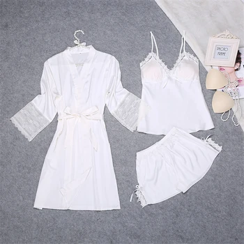 

White Black Nightgown Strap Shorts Robe 3PCS Pajama Set Women Sexy Lingerie Pijama Mujer Nightwear Sleepwear пижама женская