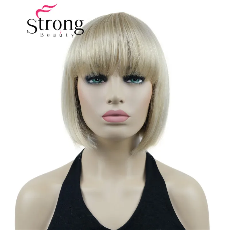 StrongBeauty Bob Short Straight W Bangs Platinum Blonde Full Synthetic Wig Hair Piece