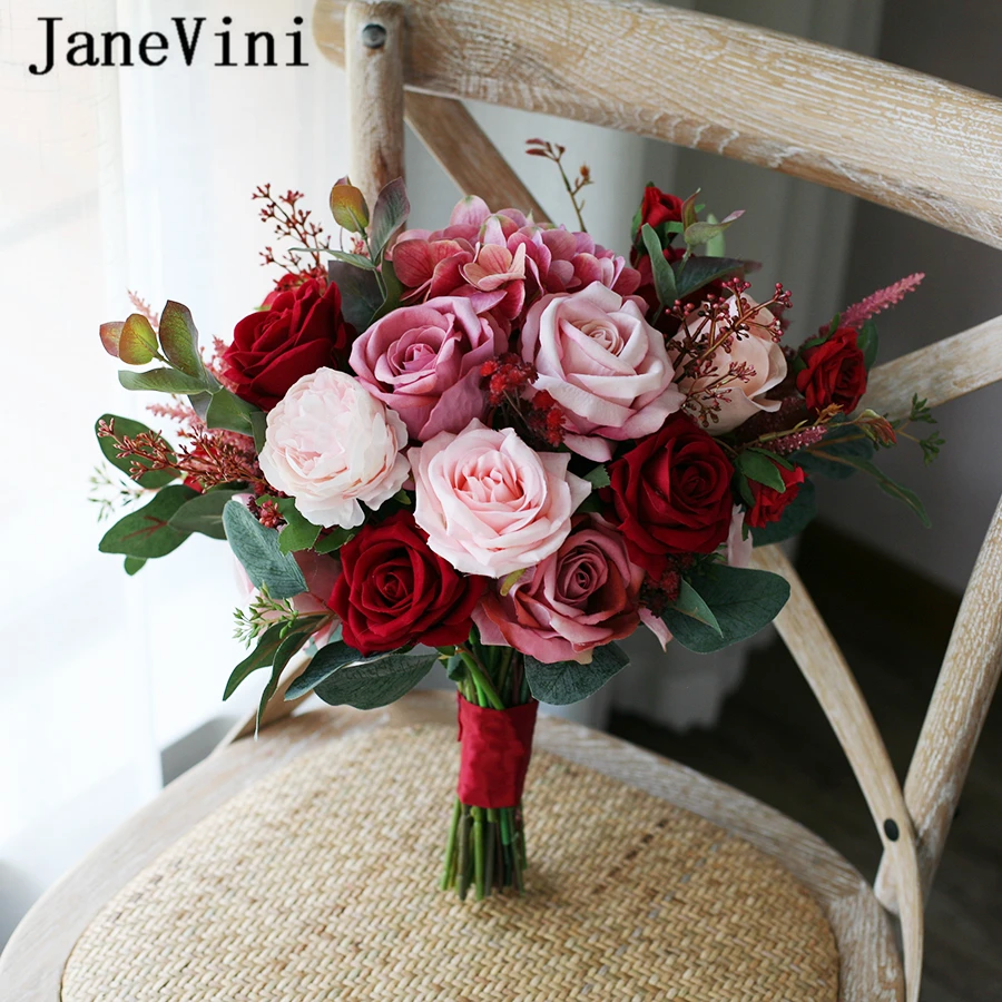 Janevini Buatan Romantis Karangan Bunga Pernikahan Pengantin Merah Anggur Bunga Bridesmaid Mawar Sutra Daun Kayu Putih Bouquet De Mariage Karangan Bunga Pernikahan Aliexpress