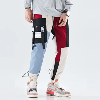 

Spring Fashion Week Hit Color Splice Men Vintage Cargo Pants Mens Hip hop Multi-pocket Joggers Pants Male Sweatpants Overalls