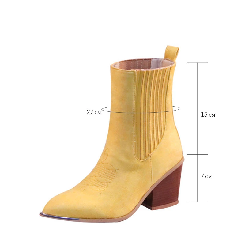 

2021 New short Boots Women Chunky High Heel Mid-Calf Chelsea Boots Cover Embroidered Female Boot Autumn Pointed Toe Shoes