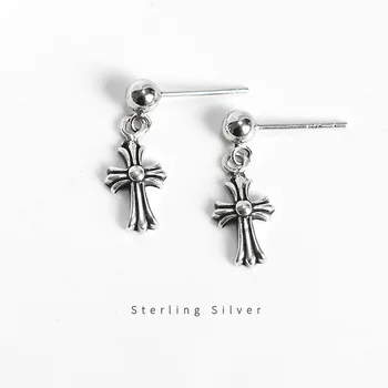 

Vintage Round Beads Cross Earrings Pendants 925 Sterling Silver Drop Earrings for Women Korean Fashion 2021 Trend Punk Jewelry