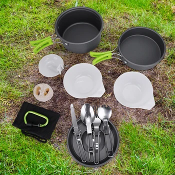 Camping Cookware 15Pcs Backpacking Gear Hiking Outdoor Non Stick Camping Tableware Set 1-2 People Lightweight Pot Pan Bowls 2