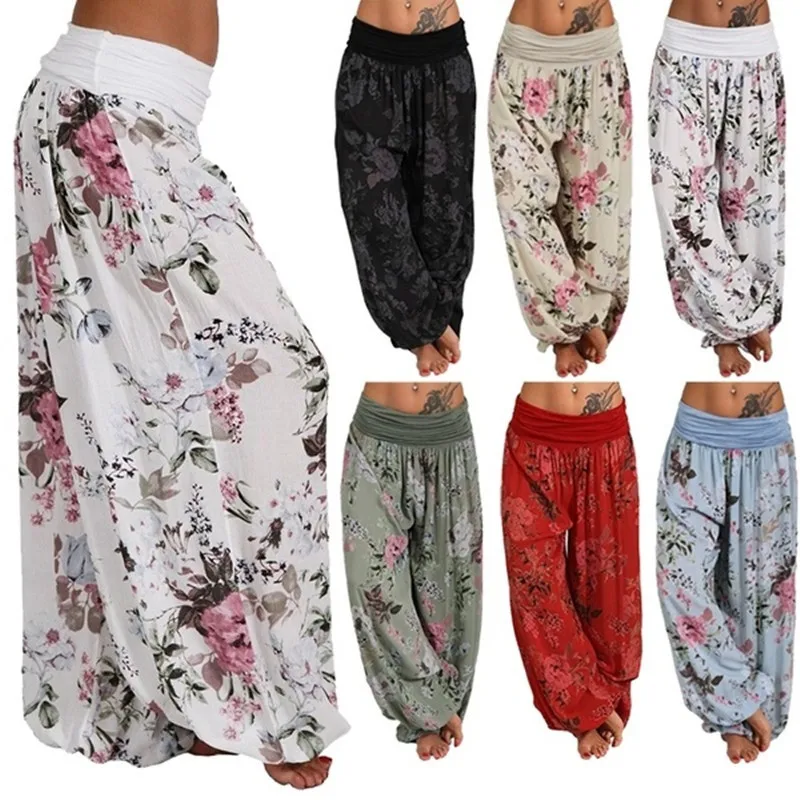 Las mujeres bohemio Floral imprimir pantalones largos 2021 Mediados de cintura Vintage Harem pantalones de cintura elástica playa Boho pantalones de talla grande 5XL