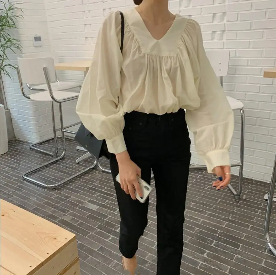 Корейская Blusas Mujer De Moda, винтажные элегантные рубашки, одноцветные женские топы, Осенние сексуальные Свободные повседневные блузы с длинным рукавом и v-образным вырезом