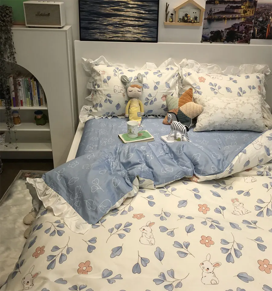 

Sweet pastoral leaf rabbit bedding set,blue single double cotton twin full queen home textile bed sheet pillow case duvet cover
