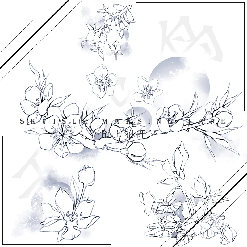 

Special Ink Washi Tape Floral Bullet Journal Supplier Black-and-white Flower Plant Sticker Diy Decoration 33mmx5m