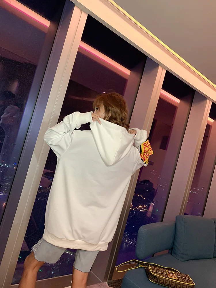 White Cartoon Printed Sequins Sweatshirts Women High Street Hollow Out Long Style Pullovers Casual Hooded Hoodies