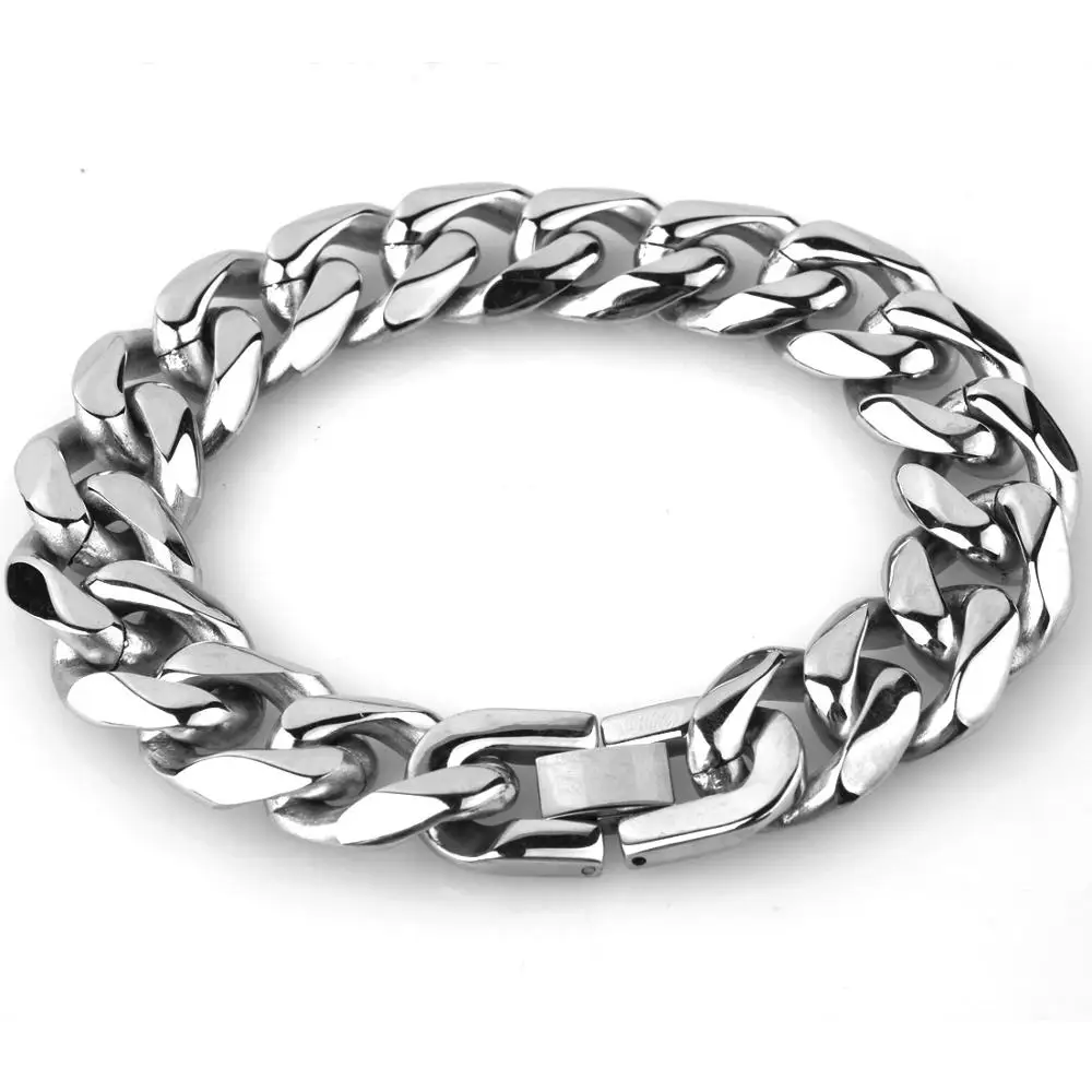 15mm Wide Punk Tone Cut Curb Cuban Link Rombo Chain For Mens Boys Women Silver Color 316L Stainless Steel Bracelet | Украшения и