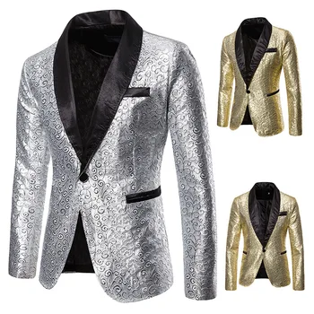 

Fashion Designer Men Wedding Suits Silver Gold Floral Tuxedo Men Slim Fit Blazer Plus Size Dress Suits Nightclub Stage Costumes