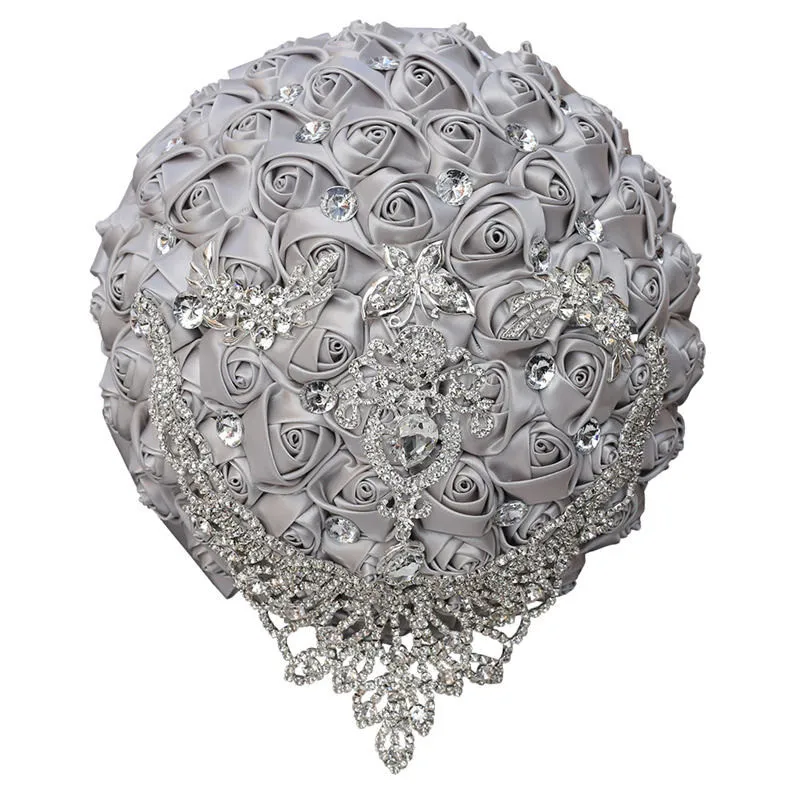 

Hot Sale Silver Bride Bridesmaid Holding Bouquet Pearl Diamond Satin Rose Bouquet Handmade Wedding Church Decoration YS014