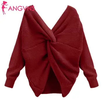 

New Women Casual V-neck Irregular Crossing Backless, Knotting Knitted Thicken, Pullover, Pullover Sweater