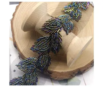 

1.7 yards navy blue AB heavy bead trim with leaves, bugle bead trim belt for couture
