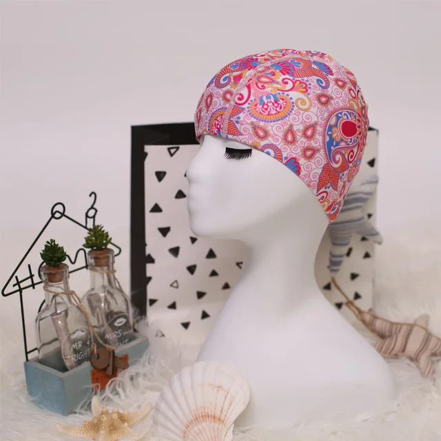 Flower Print Fabric Swimming Cap Swiming Pool Protect Long Hair Ears Hat Swim Bathing Hats Caps for Women Men Adults Ladies Hat 07