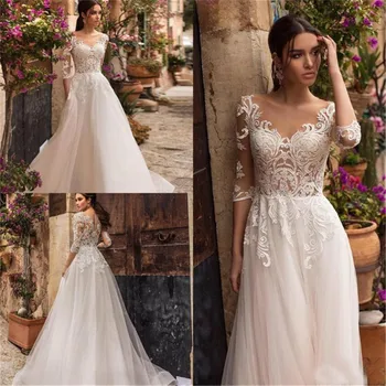 

3/4 Quarter Sleeves A-Line Lace Appliques Wedding Dresses 2020 Bridal Gowns Customized Formal Soft Tulle Wedding Wear