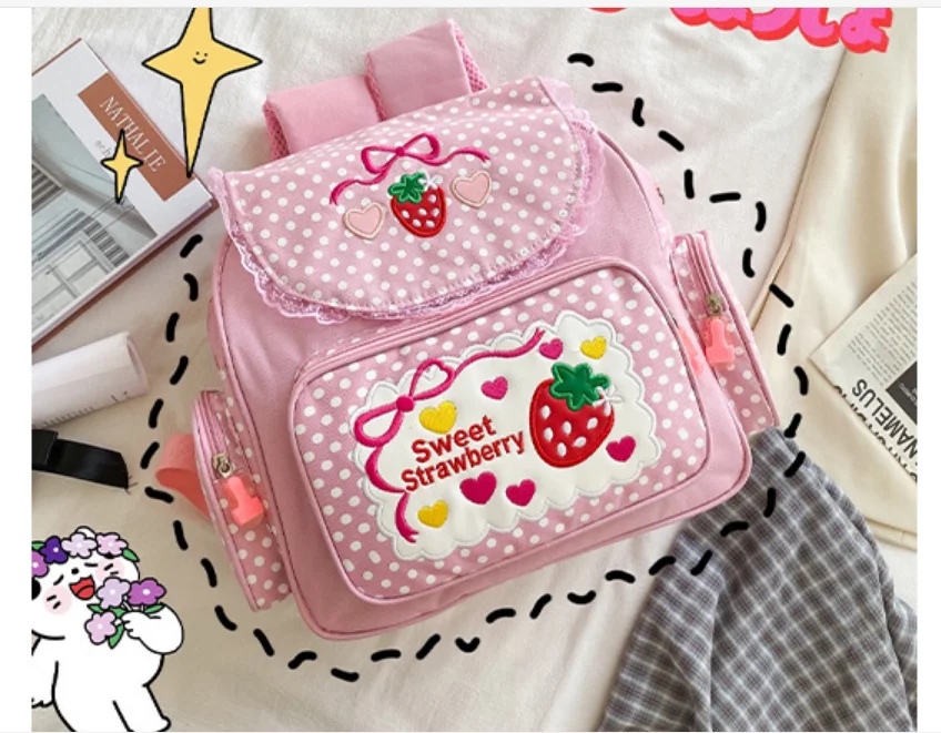 2021 New Arrival! Cute embroidery fruit strawberry lace backpack