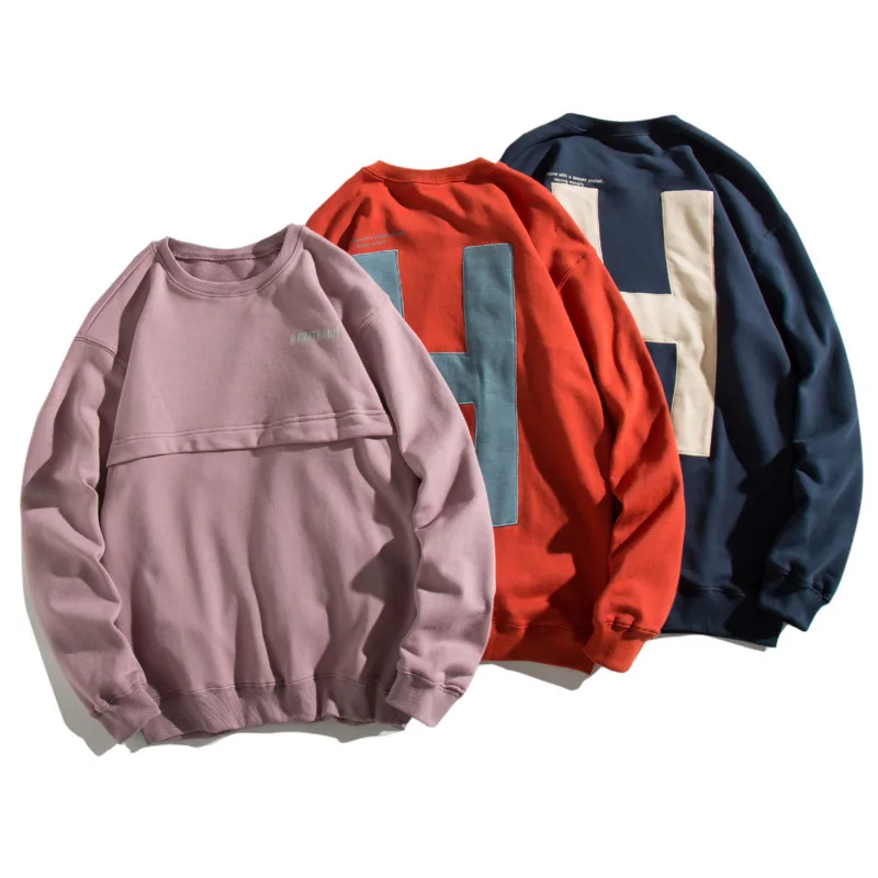 

2019 Men's Spring And Autumn New Casual Letter Stitching Round Neck Hoodies Loose Temperament Tide Cotton Harajuku