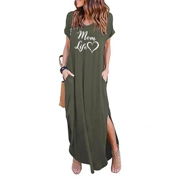 

V-Neck Pocket Split Dress Mom Life Letters Print Dress Summer Beach Women Vestidos Lolita Ukraine