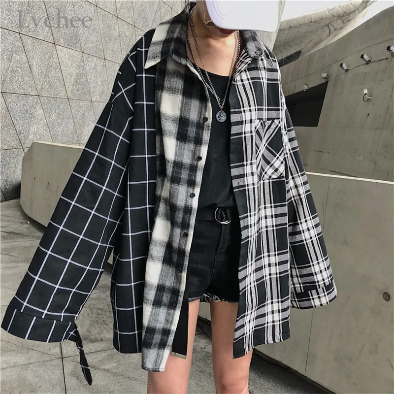 Lychee Harajuku Лоскутная с клетчатым принтом женская рубашка повседневные свободные карманы женские блузки пуловеры Весна Осень Женские Рубашки, Топы