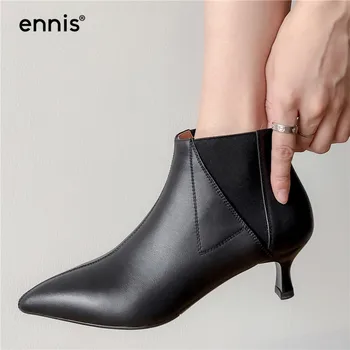 

ENNIS Pointed Toe Boots Women Shoes Thin Heel Genuine Leather Ankle Boots Black Brown Elastic Female Boots Autumn Fashion A9318