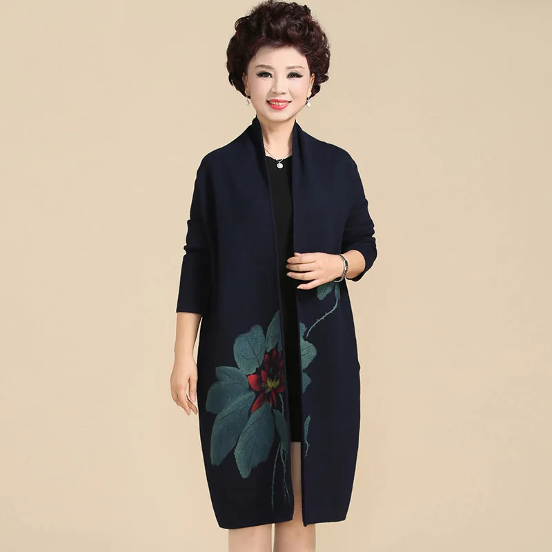 ^*Best Offers autumn new fashion Print Medium and long section Sweater women temperament elegant Knitted Sweater Casual V-Neck Cardigans Coats